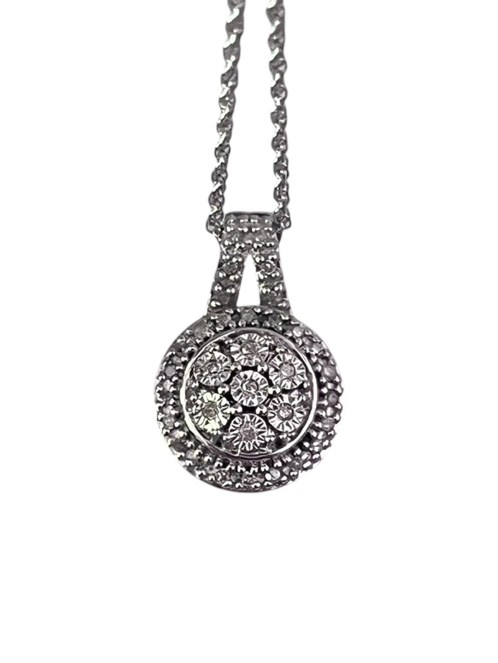 Sterling Silver 1/10 CT TW Diamond Halo Pendant Necklace 18” Chain - Picture 2 of 3